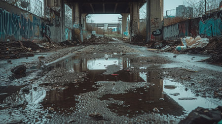A dirty and graffiti covered road with a bridge in the background, AIの素材