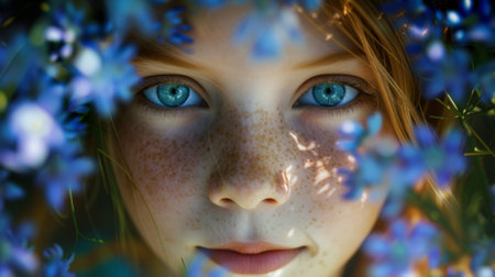 A close up of a girl with blue eyes and freckles, AIの素材