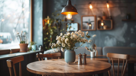 A table with a vase of flowers on it and some salt shakers, AIの素材