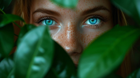 A woman with blue eyes peeking out from behind a green leaf, AIの素材
