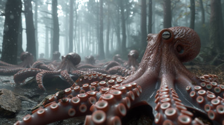 A group of large octopus tentacles are in a forest, AIの素材