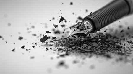 A fountain pen is being broken into pieces by a hammer, AIの素材