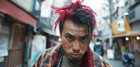 A man with red hair and a face paint on his forehead, AIの素材