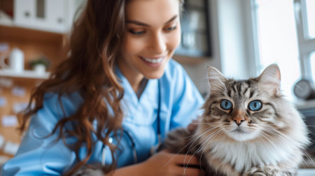 A woman in blue scrubs holding a cat while smiling, AIの素材