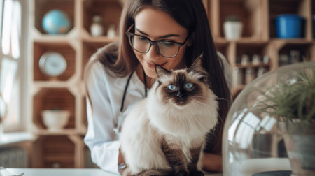 A woman in glasses holding a cat by the ears, AIの素材