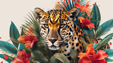 A leopard is surrounded by flowers and leaves in a painting, AIの素材