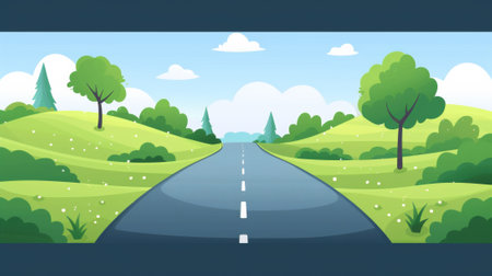 Cartoon landscape with a road and trees, AIの素材