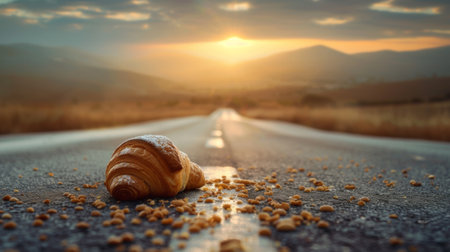 A broken shell on the side of a road with sun setting, AIの素材