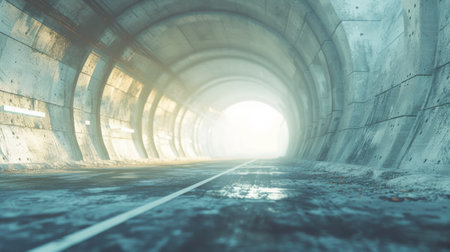 A man riding a bike through an empty tunnel with snow on the ground, AIの素材