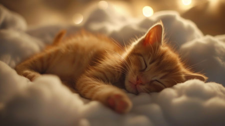 A small kitten sleeping on a cloud of white fluffy stuff, AIの素材