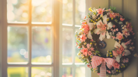 A wreath on a wall with flowers and bows in front of window, AIの素材