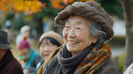 An older woman wearing a hat and scarf smiles while sitting in the park, AIの素材