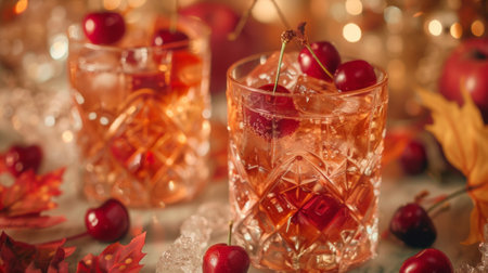 Two glasses of drinks with cherries on top and leaves around them, AIの素材