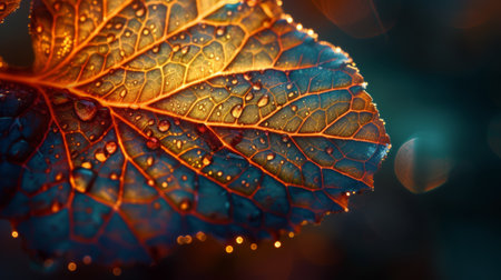 A close up of a leaf with water droplets on it, AIの素材