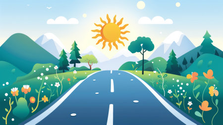 A cartoon illustration of a road with trees and flowers, AIの素材
