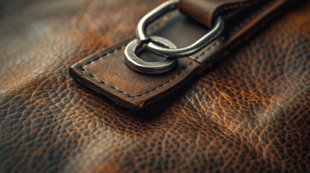 A close up of a leather strap with an attached key ring, AIの素材