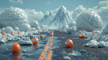 A road with orange and white balls on it in front of mountains, AIの素材