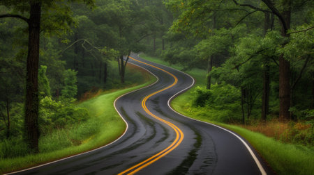 A curved road in the middle of a forest with trees, AIの素材