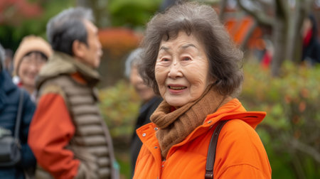 An older woman in an orange jacket talking on a cell phone, AIの素材
