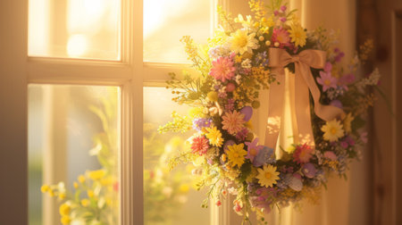 A wreath hanging from a window with flowers in it, AIの素材
