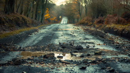 A road with a lot of mud and trees in the background, AIの素材