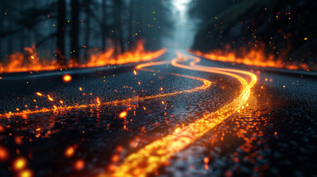 A road with fire on it and a forest in the background, AIの素材