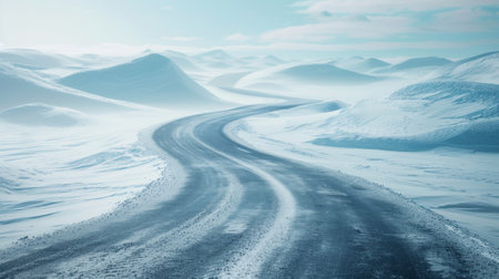 A snow covered road in the middle of a snowy mountain, AIの素材
