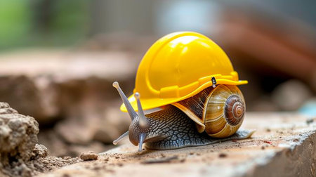 A snail wearing a yellow hard hat on top of some bricks, AIの素材