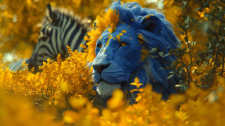 A blue lion and zebra in a field of yellow flowers, AIの素材