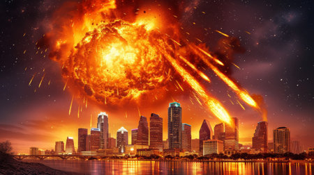 A large explosion in the sky over a city with buildings, AIの素材