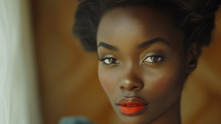 A close up of a woman with red lipstick and an orange dress, AIの素材