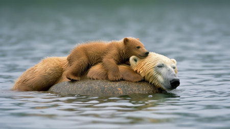 A bear and cub swimming in a body of water, AIの素材