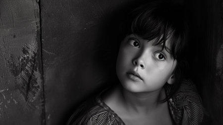 A young girl with a sad look on her face in black and white, AIの素材