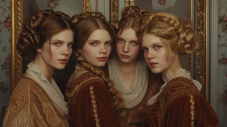 A group of four women with long hair and brown dresses, AIの素材