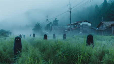 A group of black figures standing in a field with fog, AIの素材
