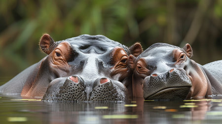 Two hippos are swimming in the water together with their heads touching, AIの素材