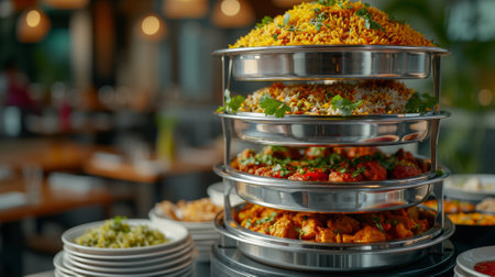 A stack of plates stacked on top of each other with food, AIの素材