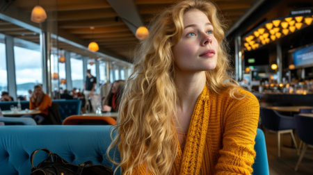 A woman sitting in a restaurant with her eyes closed, AIの素材
