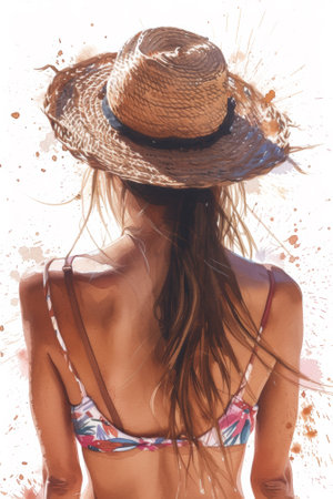 A woman in a bikini top and straw hat with water splatter, AIの素材