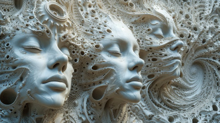 A sculpture of three faces with intricate designs on them, AIの素材