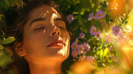 A woman with eyes closed surrounded by flowers and leaves, AIの素材