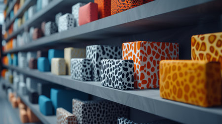 A shelf of a bunch of boxes with different patterns on them, AIの素材