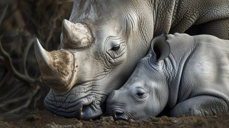 A close up of a rhino and its baby in the dirt, AIの素材