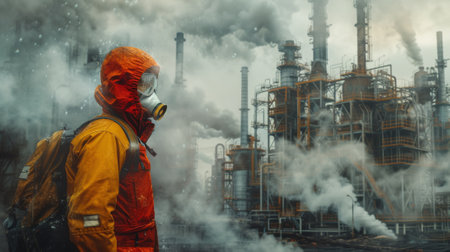 A man in a red jacket and yellow gas mask standing near an industrial plant, AIの素材