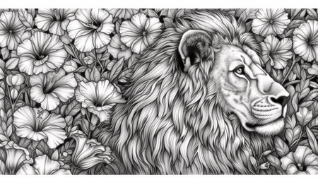 A black and white drawing of a lion surrounded by flowers, AIの素材