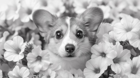 A black and white photo of a dog in the middle of flowers, AIの素材
