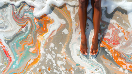 A persons feet are in the water with a colorful background, AIの素材