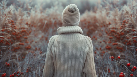 A person in a sweater looking at something through the bushes, AIの素材