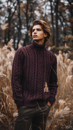 A man in a sweater standing next to tall grass, AIの素材