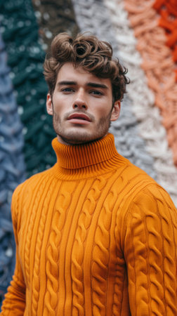 A man in a bright orange sweater posing for the camera, AIの素材